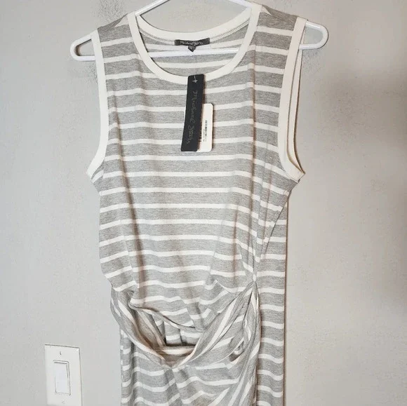 NWT Michael Stars Grey White Stripe Twist Front Sleeveless Midi Maxi Dress Sz M. - Picture 3 of 11